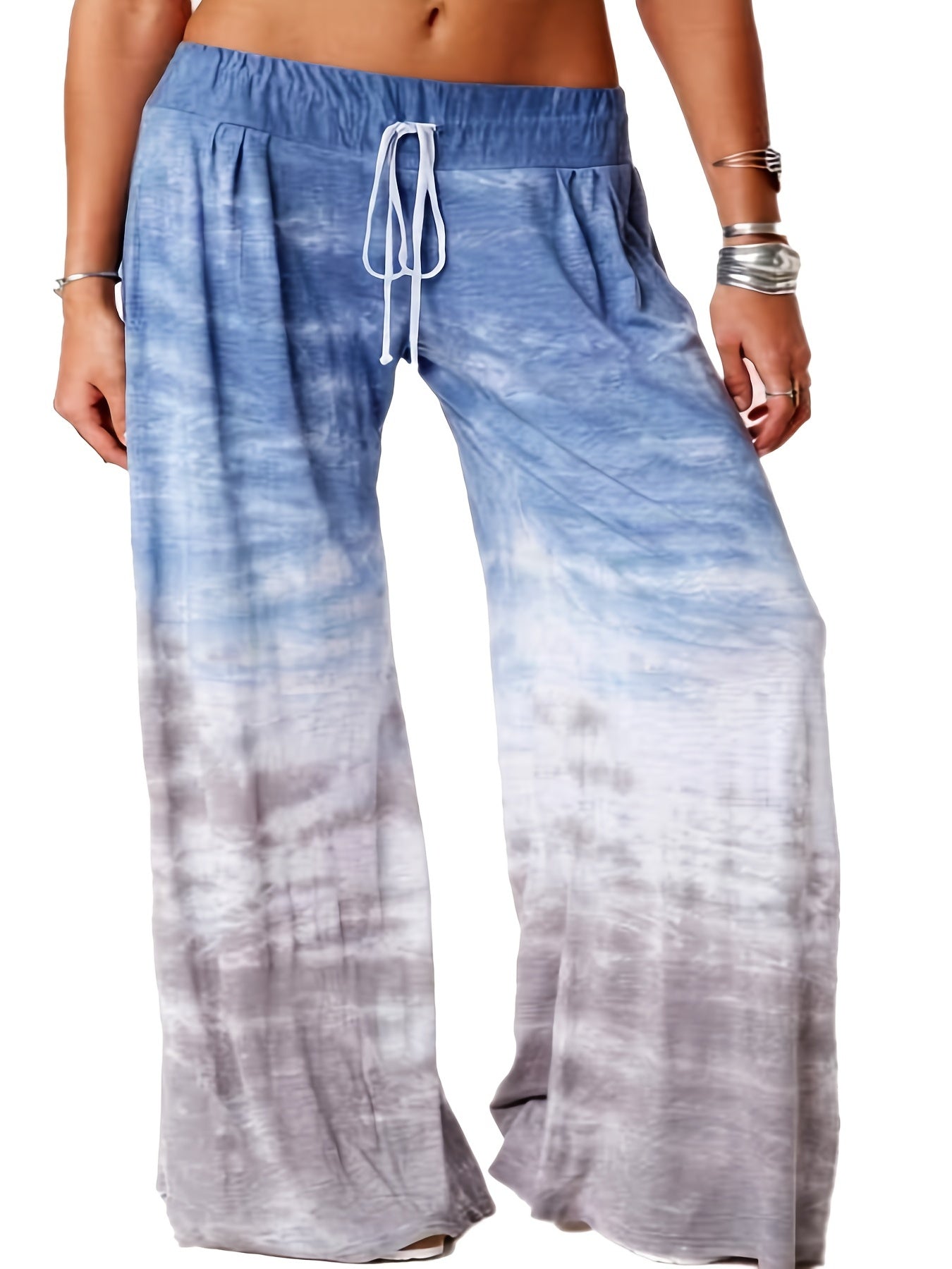  Ombre Print Drawstring Wide Leg Sweatpants