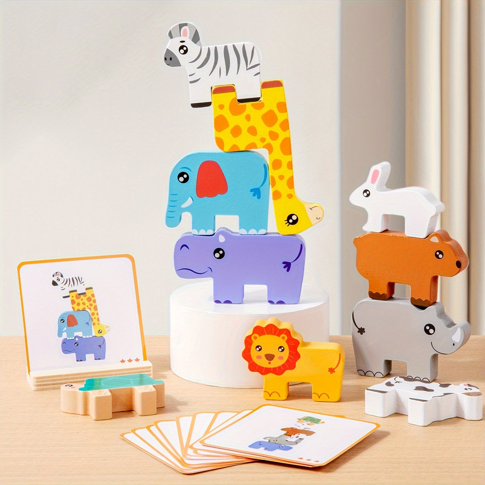 Wooden Animal Sorting & Stacking Blocks Game w/10 Challenge Cards