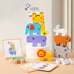 Wooden Animal Sorting & Stacking Blocks Game w/10 Challenge Cards