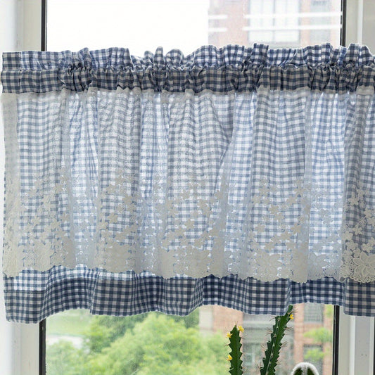 Pastoral Style Plaid Yarn Short Curtain with Pink Lace Head Rod Pocket