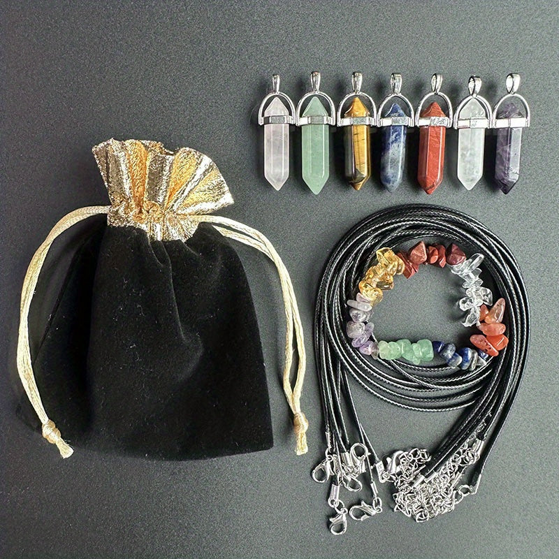 Girl's Hexagon Pendant Necklace Chakra Stone Bracelet Set