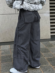 Solid Flap Pockets Wide Leg Pants Casual Loose Drawstring Long Length Pants