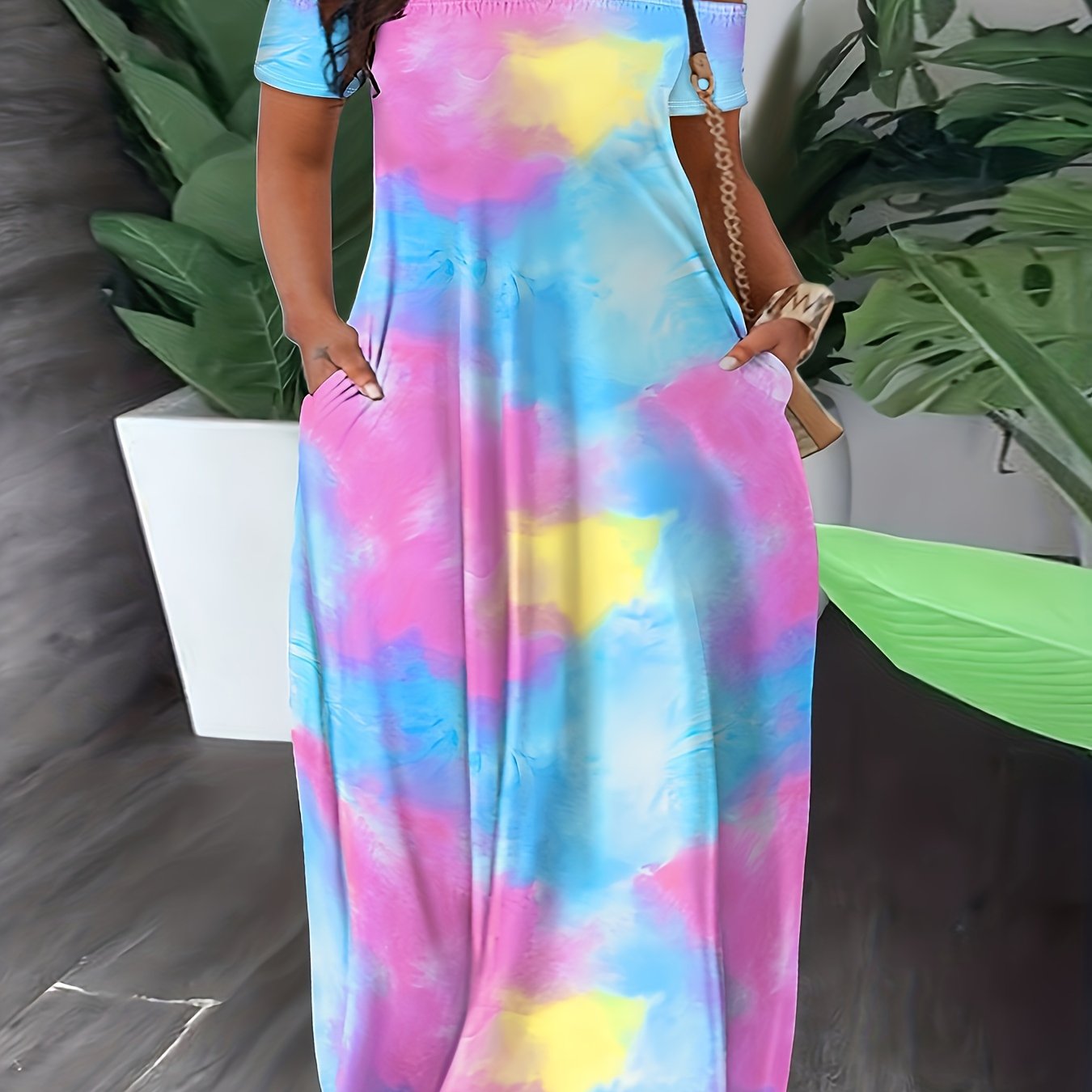 Tie Dye Off Shoulder Maxi Dress With Pockets