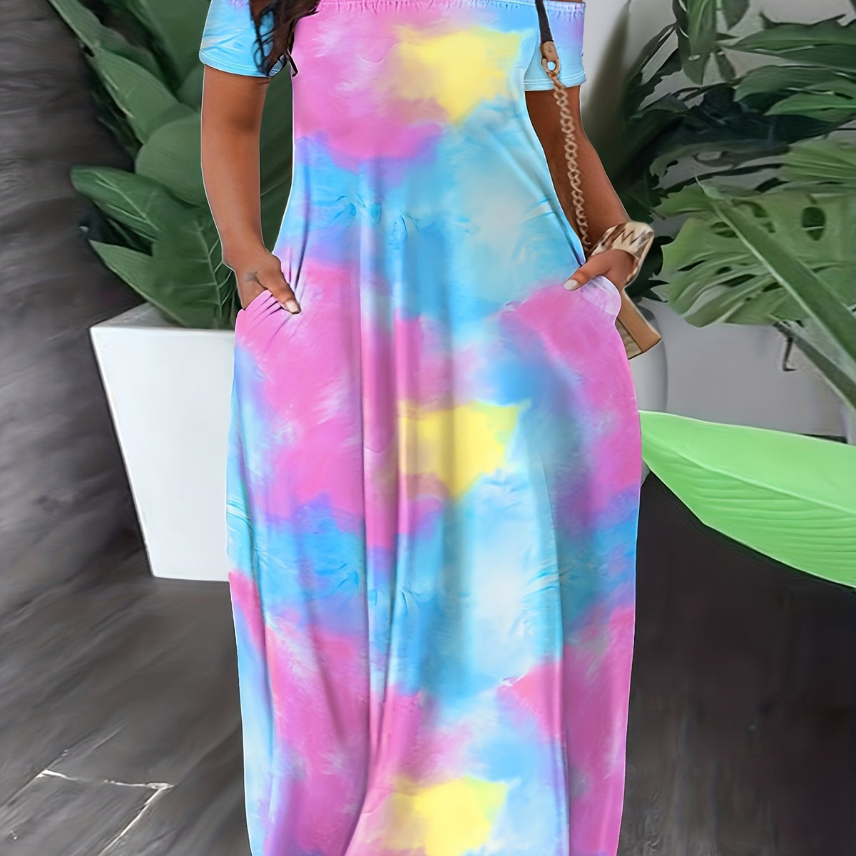  Tie Dye Off Shoulder Maxi Dress With Pockets
