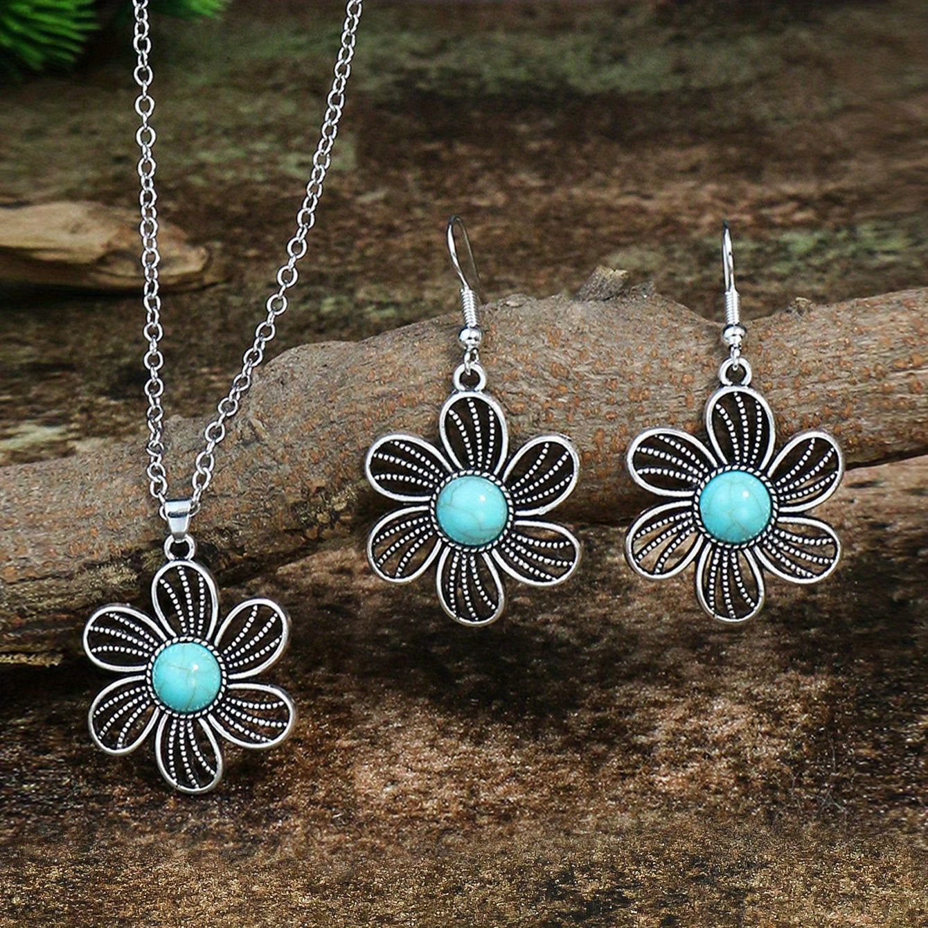Bohemian Turquoise Inlaid Rhinestones Water Drop Earrings Necklace Set