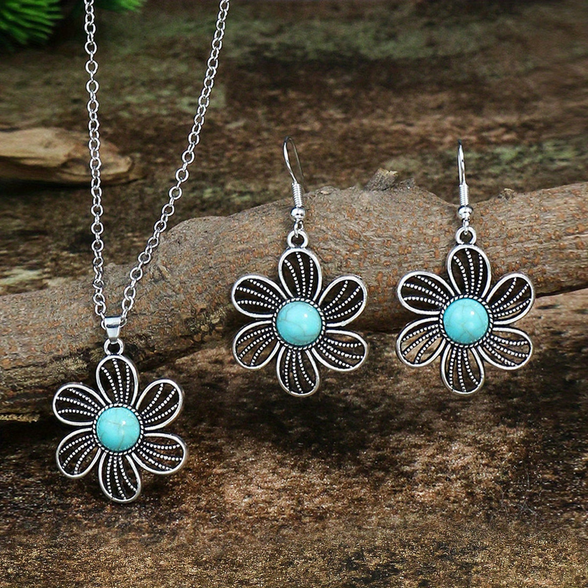 Bohemian Turquoise Inlaid Rhinestones Water Drop Earrings Necklace Set
