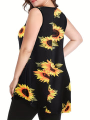  Sunflower Print Cut Out Round Neck Tank Top