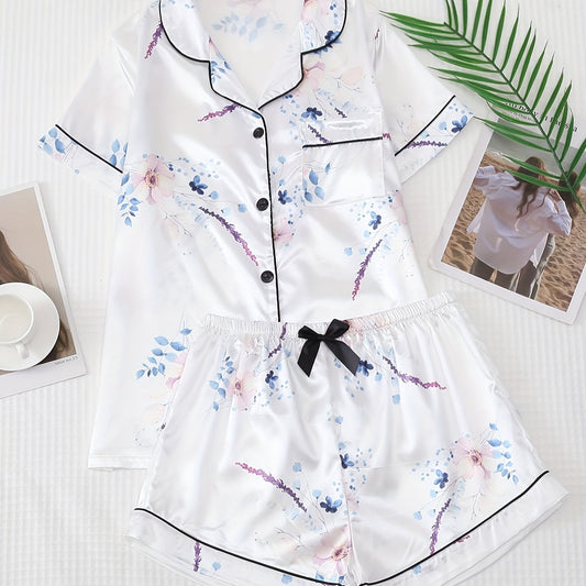 Floral Print Pajamas Set Short Sleeve Top & Bow Shorts PJ Set