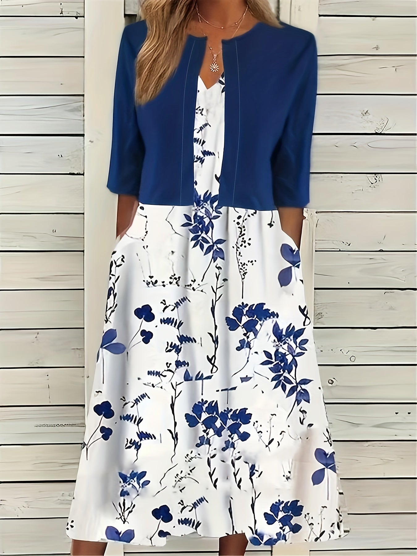 Floral Print Two Piece Dress Set Solid Crop Top & Crew Neck Dress