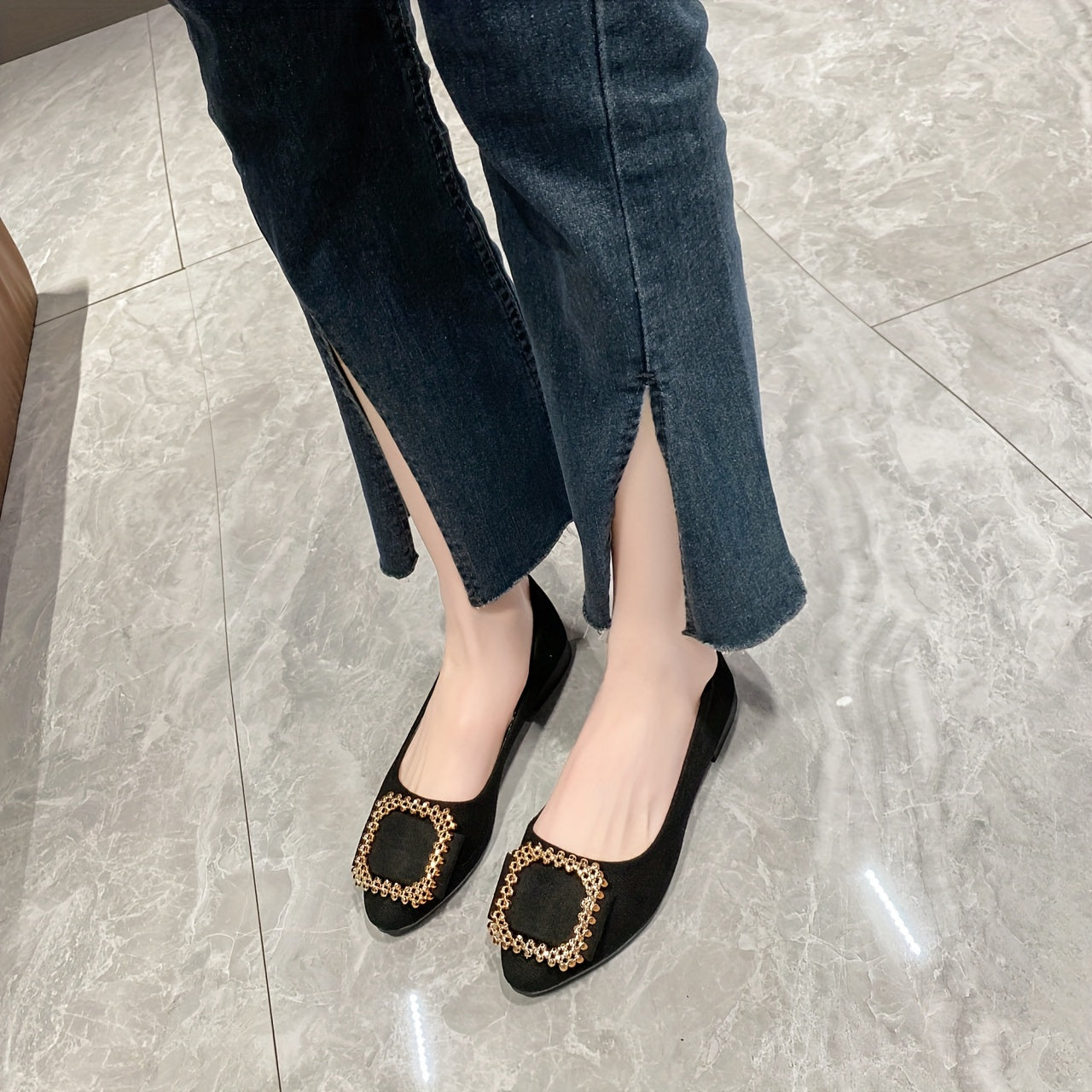 Women's Pointed Toe Ballet Flats Square Metallic Decor Slip On Shoes