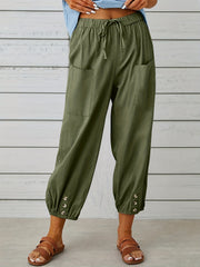 Button Front Drawstring Pants with Dual Pockets