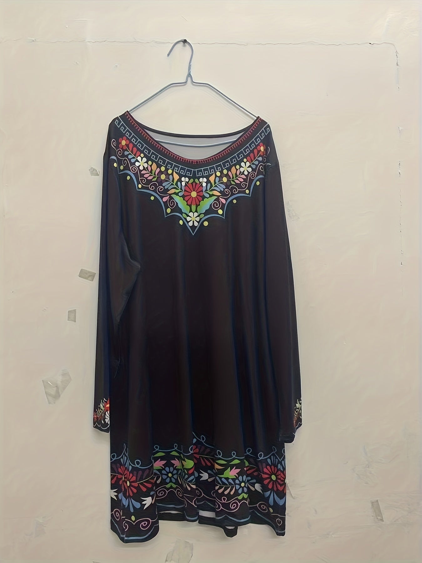  Floral Print Round Neck Long Sleeve Stretch Dress