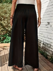 Women's Plus Solid Elastic Waist Button Wide Leg Pants