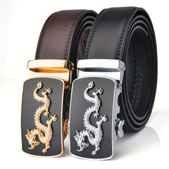 Men's Leather Belt Dragon Pattern Automatic Buckle Business Suit Waist Strap