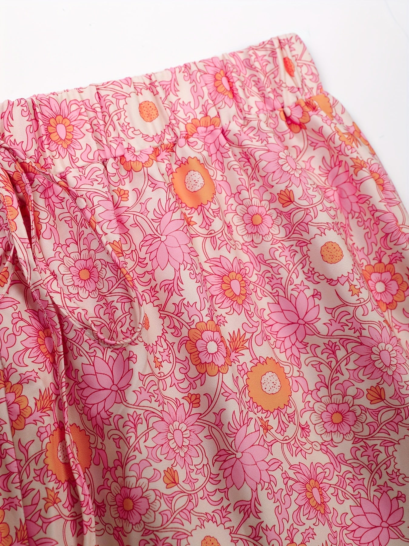 Boho Plus Size Wide Leg Pants Floral Tassel Drawstring