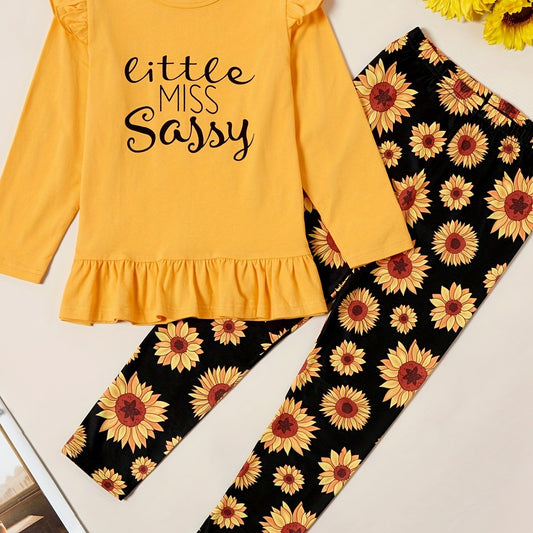 Girls Little Miss Print Top & Sunflower Print Pants Set Ruffle Round Neck 2pcs