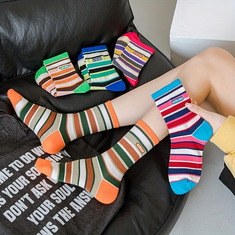 3 Pairs Colorblock Striped Socks Comfy & Funny Mid Tube Socks