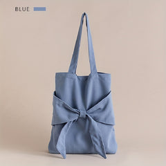 Bowknot Decor Canvas Shoulder Bag Tote Bag Solid Handbag For School Travel