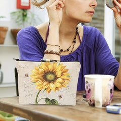 Sunflower Vintage Makeup Bag Organizer Zipper Cosmetic Pouch for Women