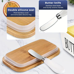 Ceramic Butter Dish with Bamboo Lid and Butter Keeper Container