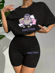 Cartoon Print Lounge Set Short Sleeve Top & Shorts