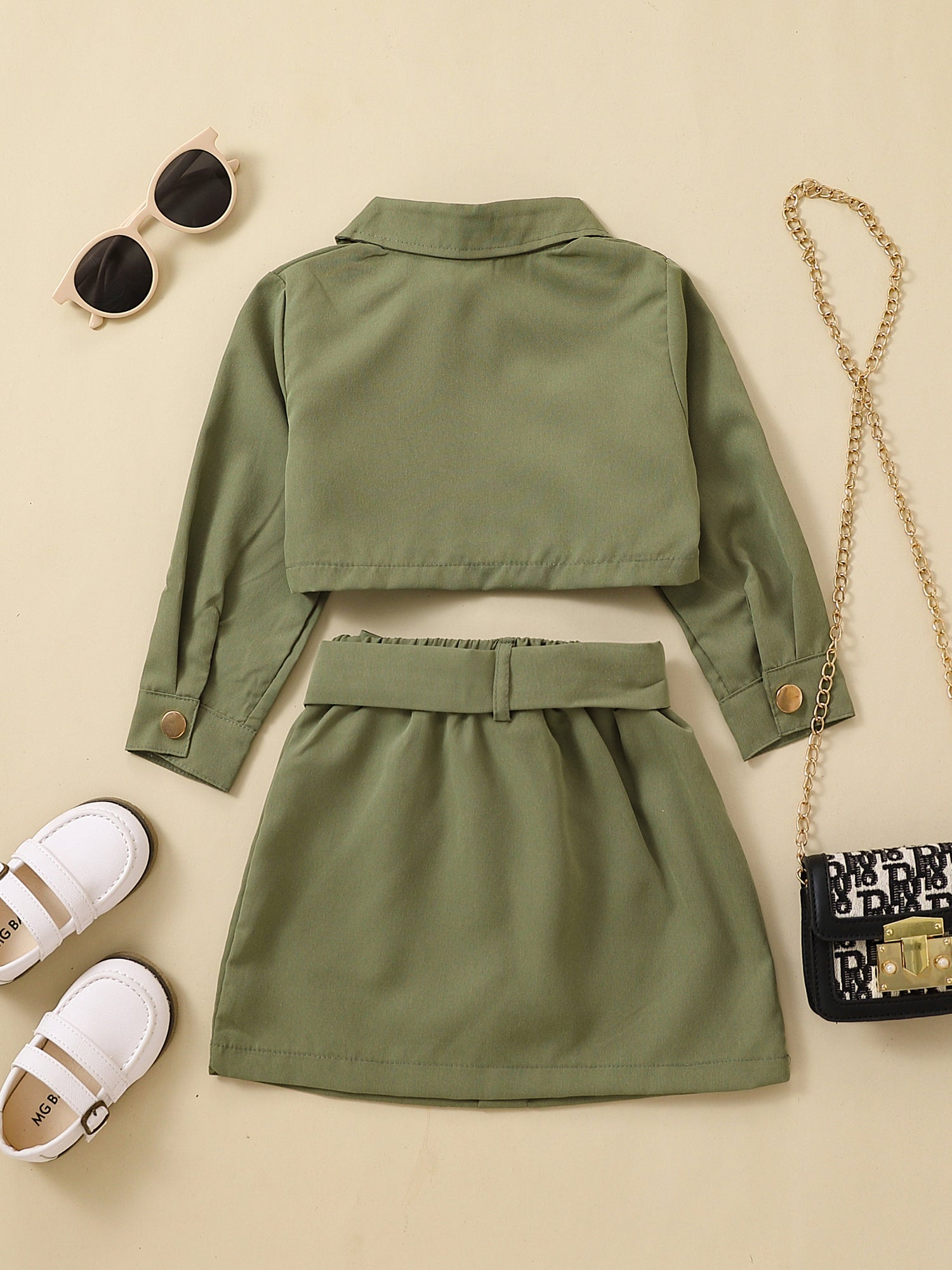 Girls Long Sleeve Top & Skirt Set with Belt