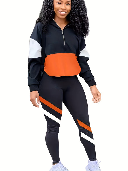  Colorblock Zipper Top & Leggings Set