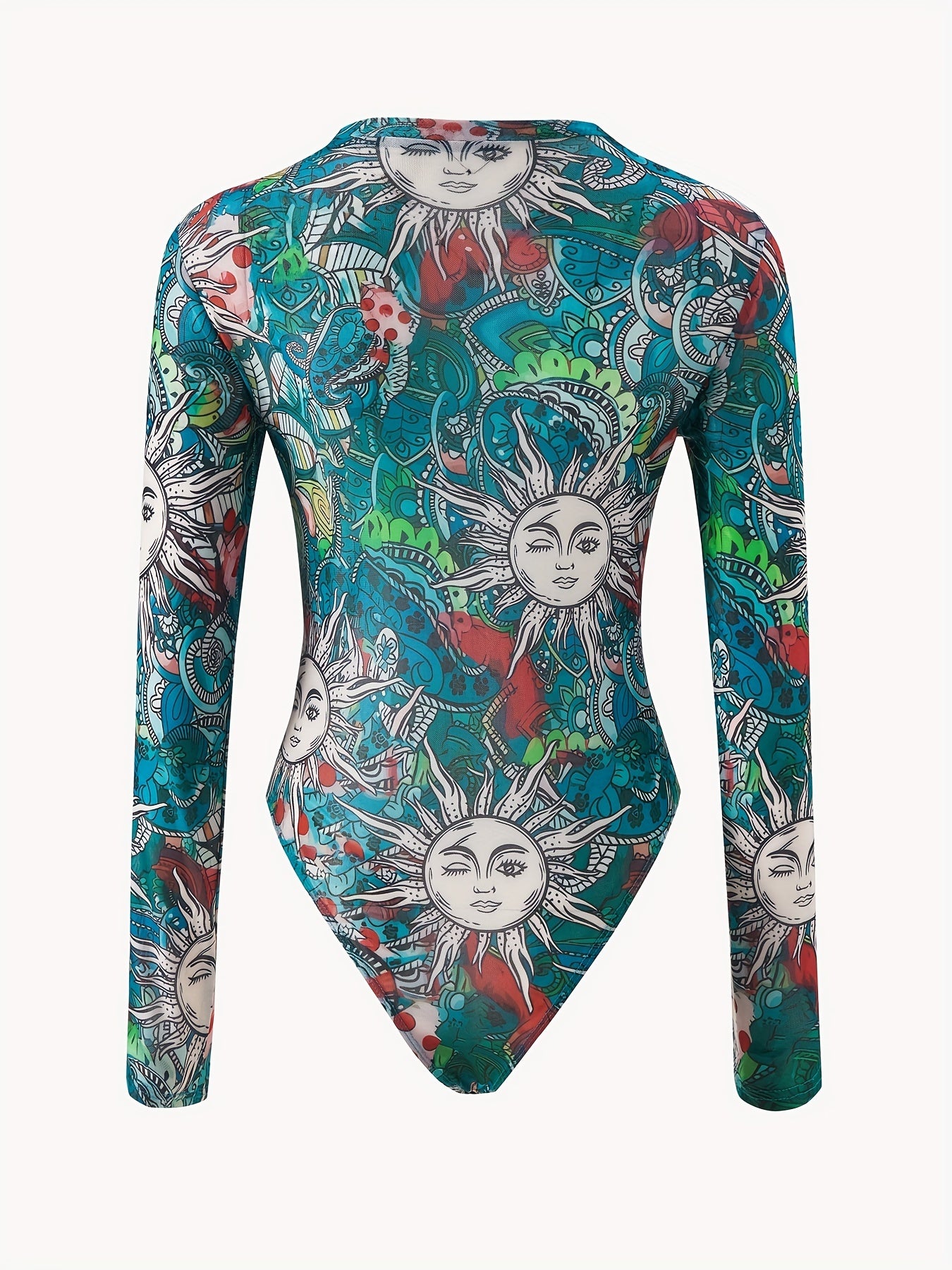 Dragon Print Sheer Bodysuit Long Sleeve Slim Fit Sexy Women's Clothing