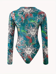 Dragon Print Sheer Bodysuit Long Sleeve Slim Fit Sexy Women's Clothing