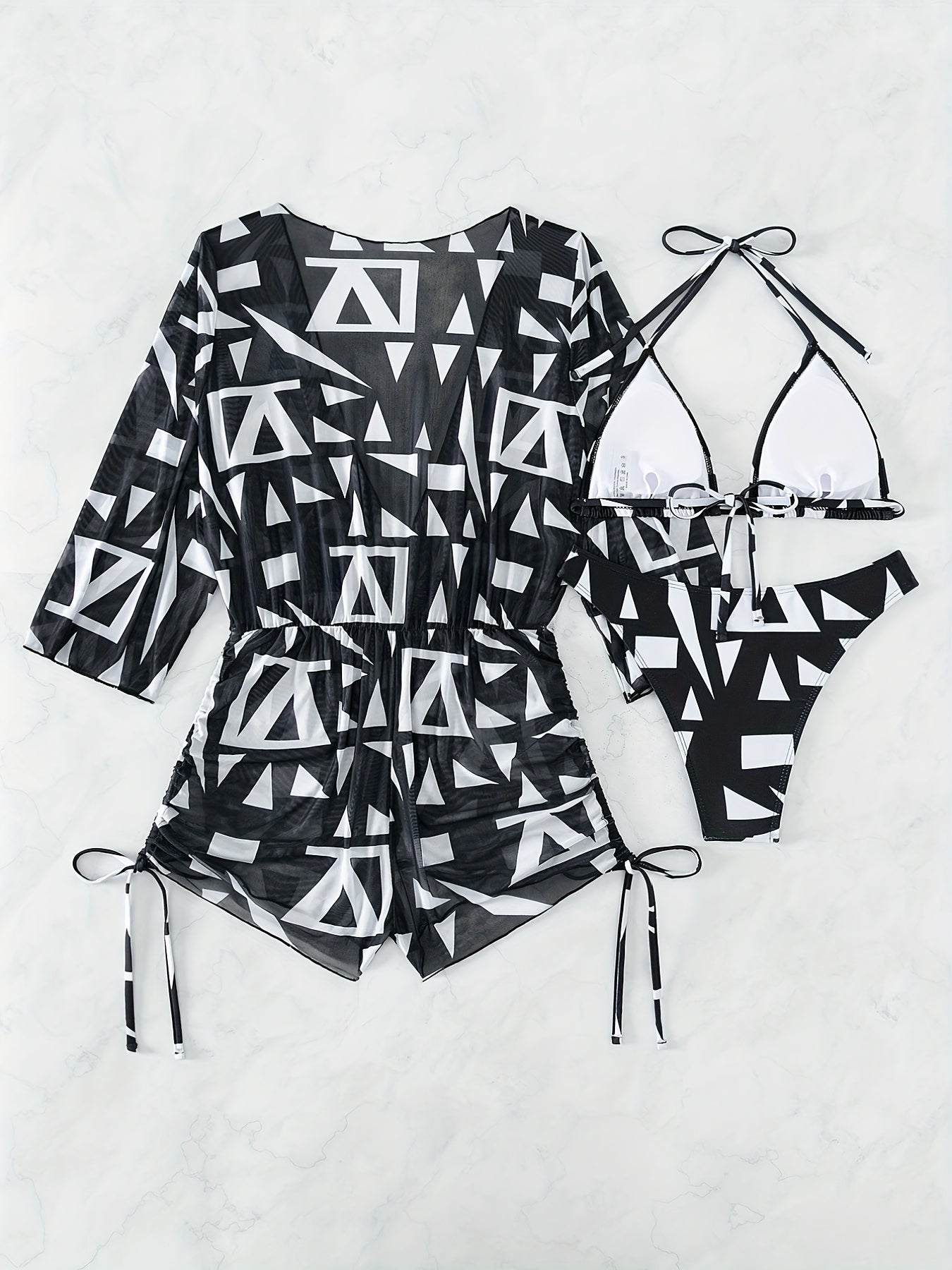 Geometric Print Bikini Sets Halter V-Neck High Cut Drawstring Cover Up Swimsuit