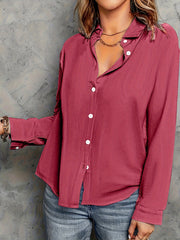  Casual Solid Long Sleeve Blouse Lapel Collar Top