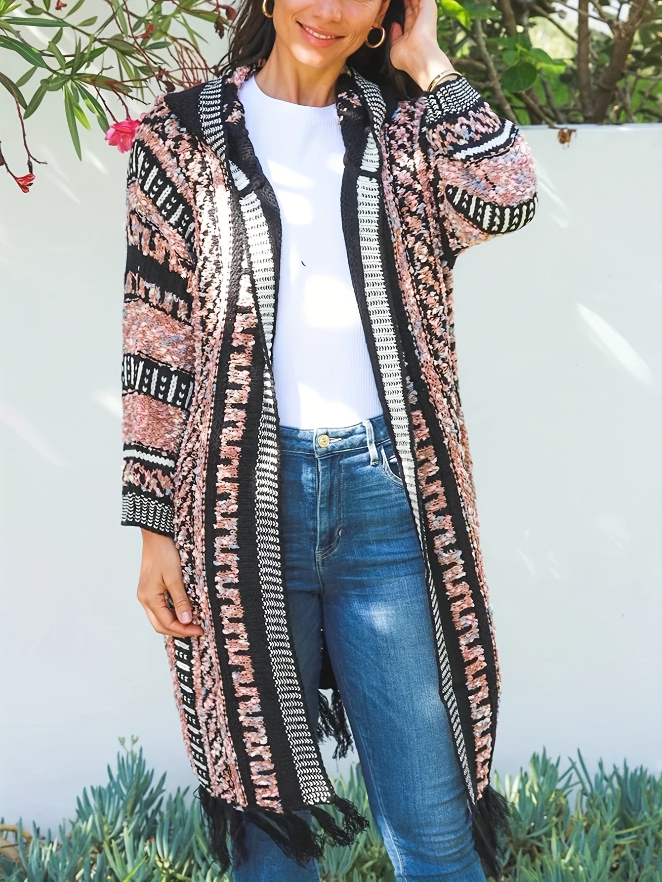  Boho Hooded Cardigan Women's Colorblock Fringe Trim Open Front