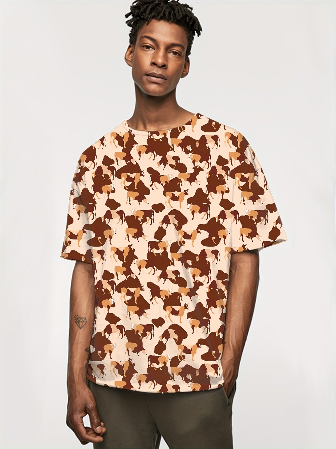 Men's Cattle Print Crew Neck T-Shirt - Summer Short Sleeve Tee
