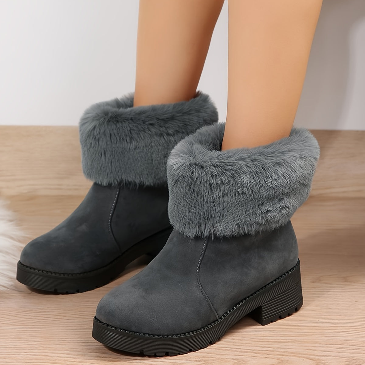Chunky Heels Snow Boots Non Slip Plush Lined Furry Slip On Snow Shoes