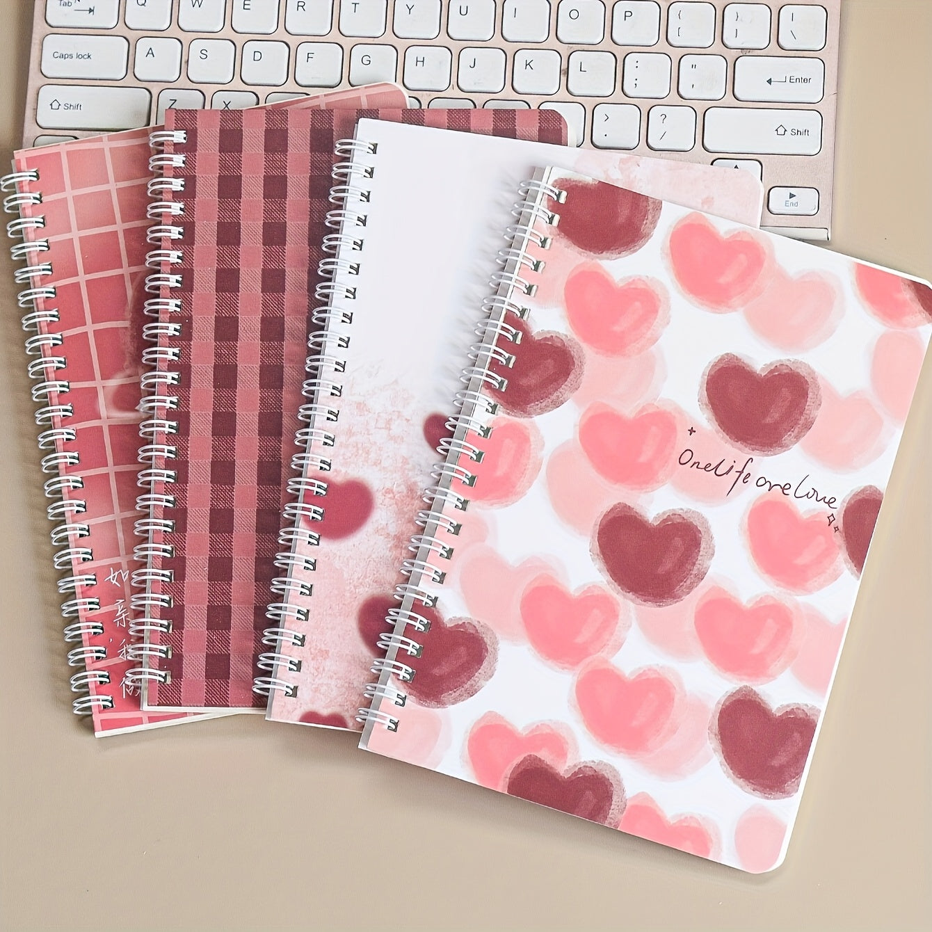 4pcs Floral Alphabet Notebooks Pink Burgundy Hearts Grid Pattern Teens Adults