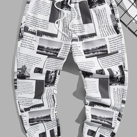 Newspaper Print Drawstring Sweatpants for Men