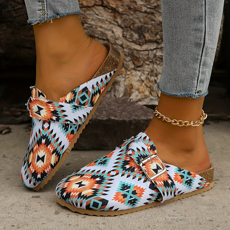 Women's Colorblock Flat Shoes Slip On Round Toe Buckle Decor Half Drag