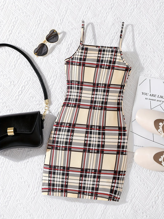 Plaid Print Square Neck Spaghetti Strap Bodycon Dress