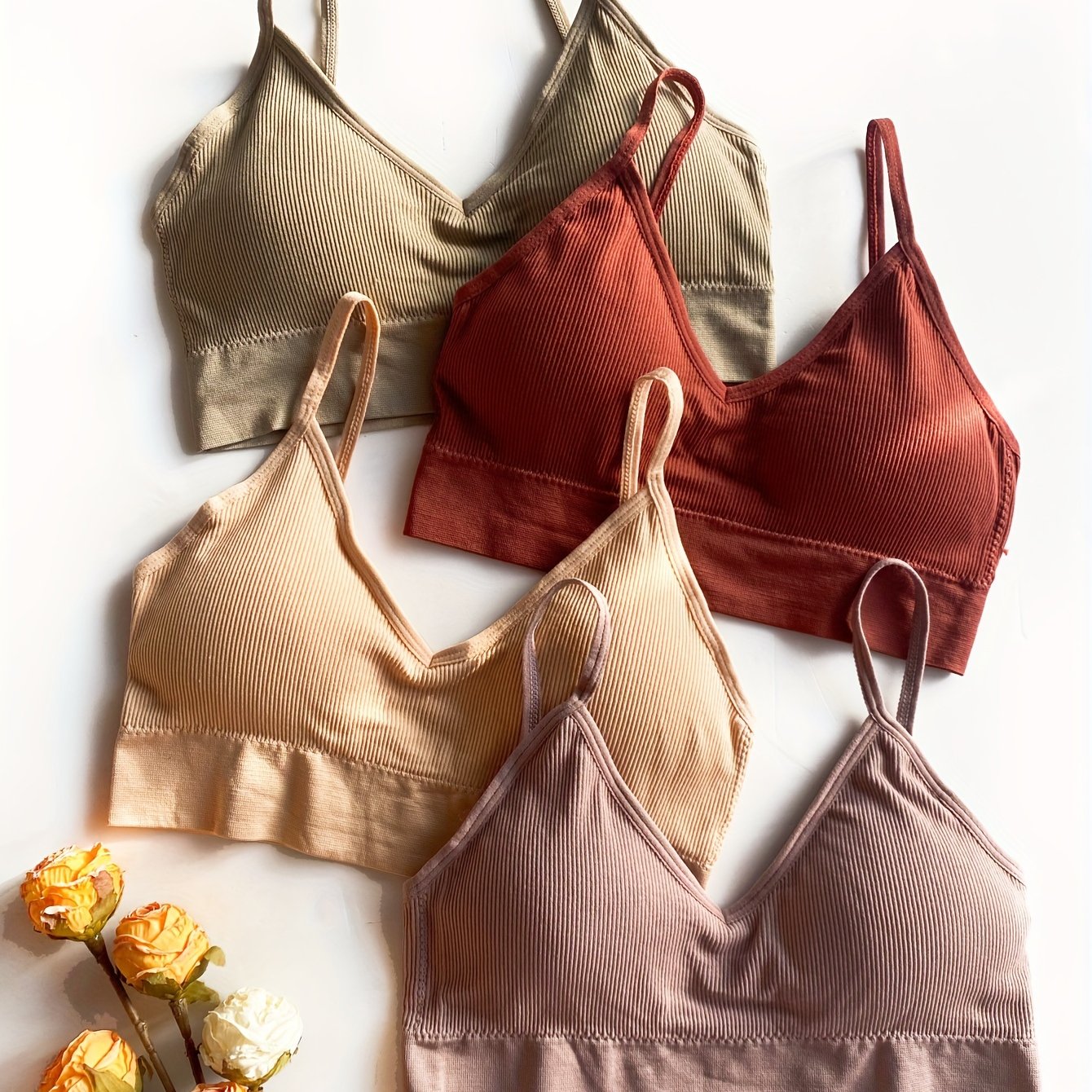 4pcs Solid Ribbed Wireless Bras Comfy & Breathable Sports Bra Women's