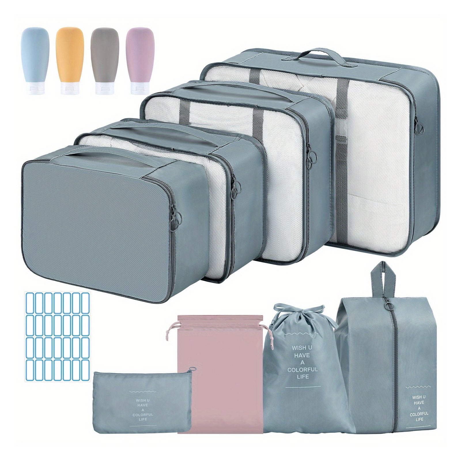 12pc Solid Zipper Packing Cubes Travel Organiser Bags Set