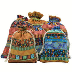 1pc Linen Gift Bags Drawstring Storage Bags Egyptian Pattern Burlap Bag