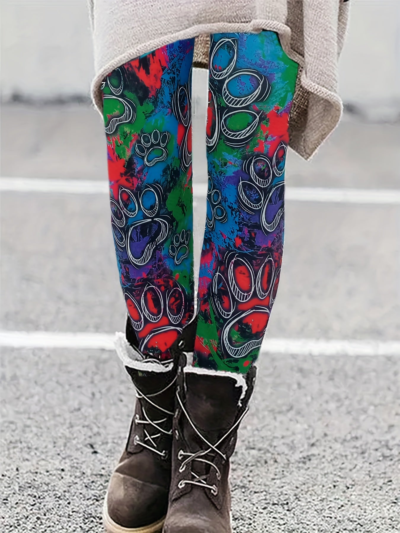  Casual Pants Women's Tie Dye & Paw Print Leggings