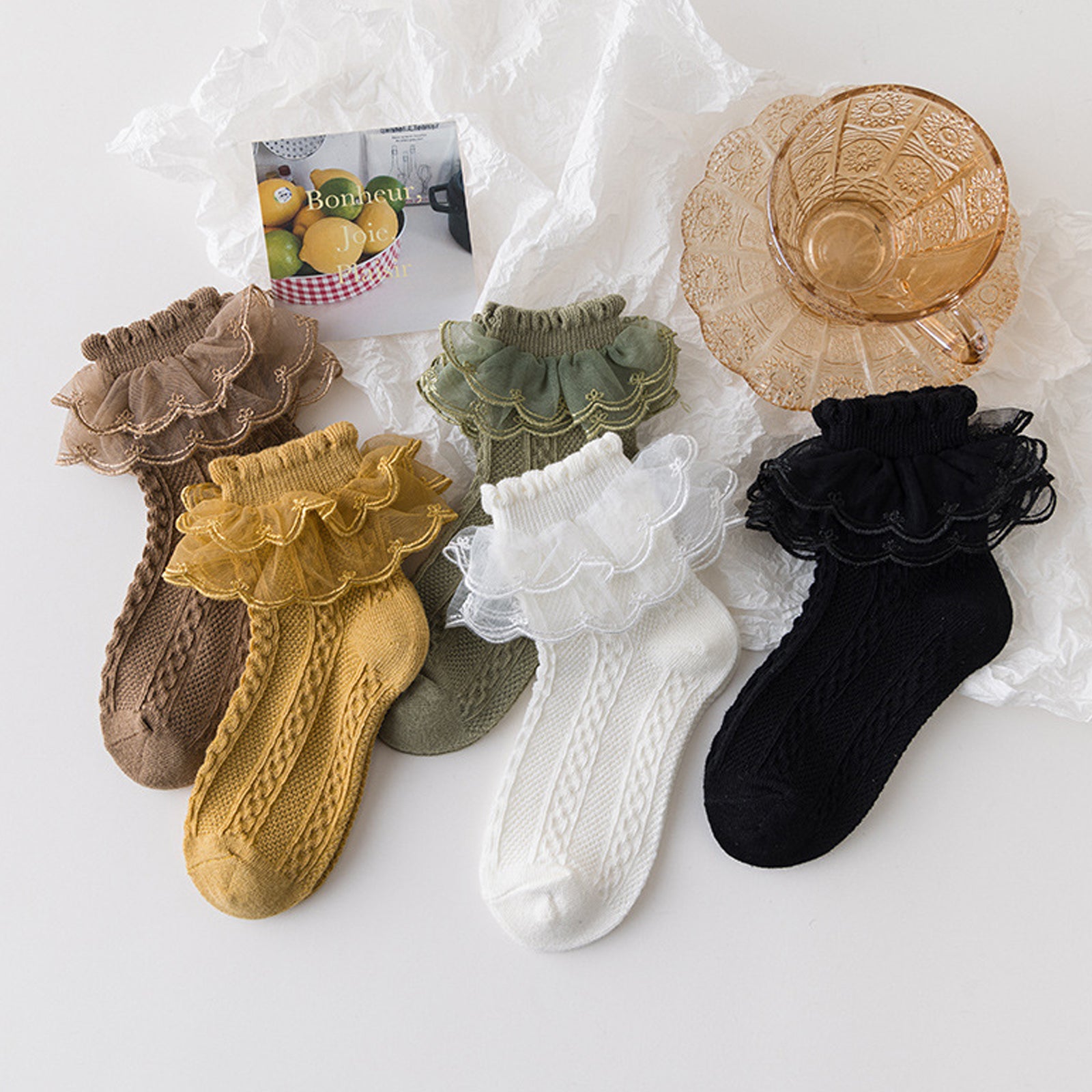 5 Pairs Girls Lace Brim Cotton Knit Socks for Autumn and Spring