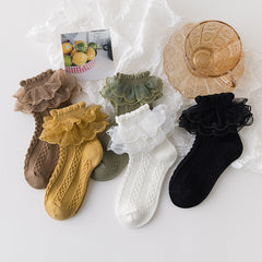 5 Pairs Girls Lace Brim Cotton Knit Socks for Autumn and Spring