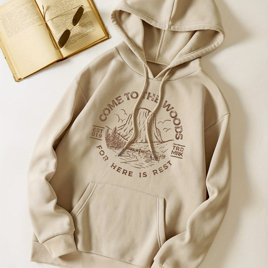 Scenes & Letter Ring Print Hooded Shirt Solid Long Sleeve Sweatshirt