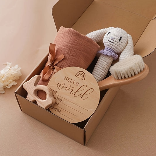 Handwoven Bamboo Bath Towel Bunny Ring Wool Brush for Newborns