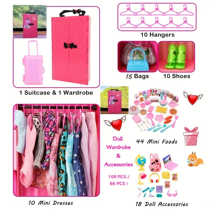 QSMARTOY Dollhouse Wardrobe Set with Clothes, Shoes, Dresses - Kids Toy