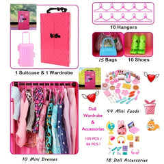 QSMARTOY Dollhouse Wardrobe Set with Clothes, Shoes, Dresses - Kids Toy