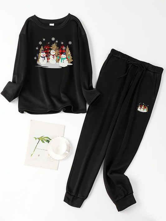 Women's Plus Christmas Tree & Snowman Fleece Pajamas Set