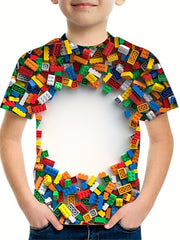 Boys 3D Building Blocks Graphic T Shirt Casual Stretchy Tee